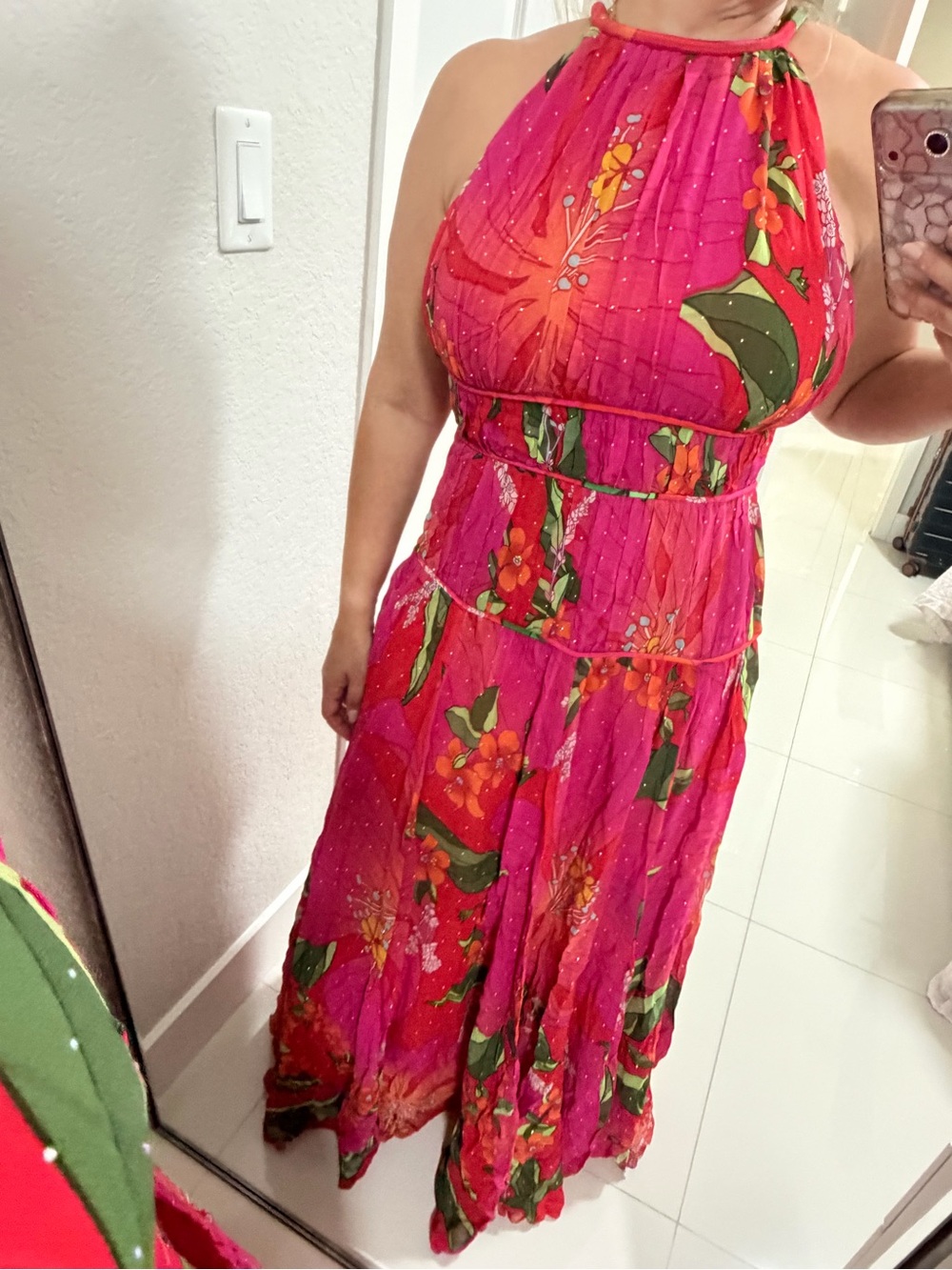 FARM Rio Hot Pink Floral Halter Maxi Dress with Green Leaves and Orange Blooms